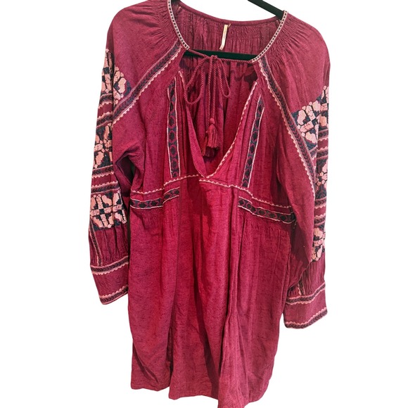 Free People Embroidered Tassel Tunic Burgundy L Boho Haute Hippie Beachy - Picture 2 of 9